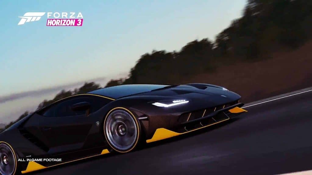 Đồ họa đẹp mắt và chân thực của Forza Horizon 3 Siêu xe Lamborghini Centenario chạy trên đường nhựa với ánh sáng chiều tà trong Forza Horizon 3