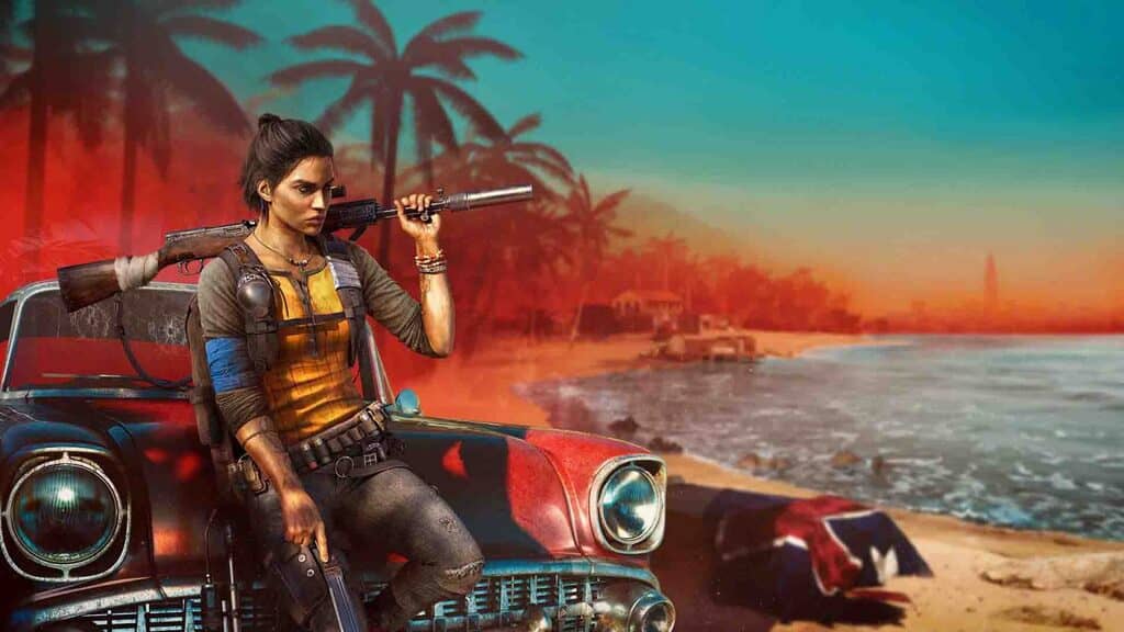 Bối cảnh bãi biển tuyệt đẹp của hòn đảo nhiệt đới Yara trong Far Cry 6 Nữ nhân vật Dani Rojas đứng dựa vào một chiếc xe hơi cũ trên bãi biển vào lúc hoàng hôn trong Far Cry 6