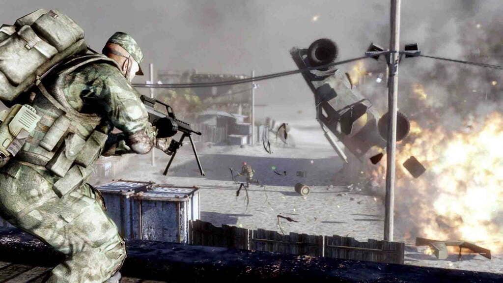 Cảnh chiến đấu trên không và trên mặt đất hoành tráng của Battlefield Bad Company 2 Trực thăng chiến đấu AH-64 Apache bay trên bãi tuyết với binh lính bên dưới trong Battlefield Bad Company 2