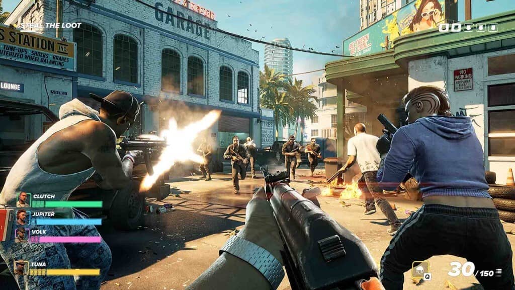Bắn súng hành động kịch tính trong Crime Boss: Rockay City. Crime Boss: Rockay City, cảnh chiến đấu góc nhìn thứ nhất, người chơi và đồng đội đấu súng trên đường phố.