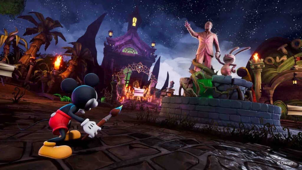 Tái ngộ Oswald trong Disney Epic Mickey: Rebrushed. Mickey Mouse đứng cạnh tượng Oswald the Lucky Rabbit trong game Disney Epic Mickey: Rebrushed.