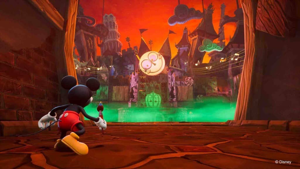 Mickey Mouse phiêu lưu trong thế giới phép thuật Disney Epic Mickey: Rebrushed. Mickey với cây cọ phép thuật khám phá một nhà hát cũ trong game Disney Epic Mickey: Rebrushed.