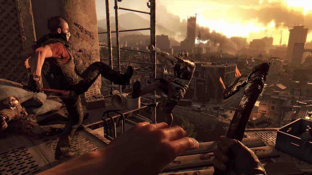  Dying Light: Góc nhìn thứ nhất, nhân vật tấn công zombie bằng vũ khí cận chiến, phối hợp cùng đồng đội.