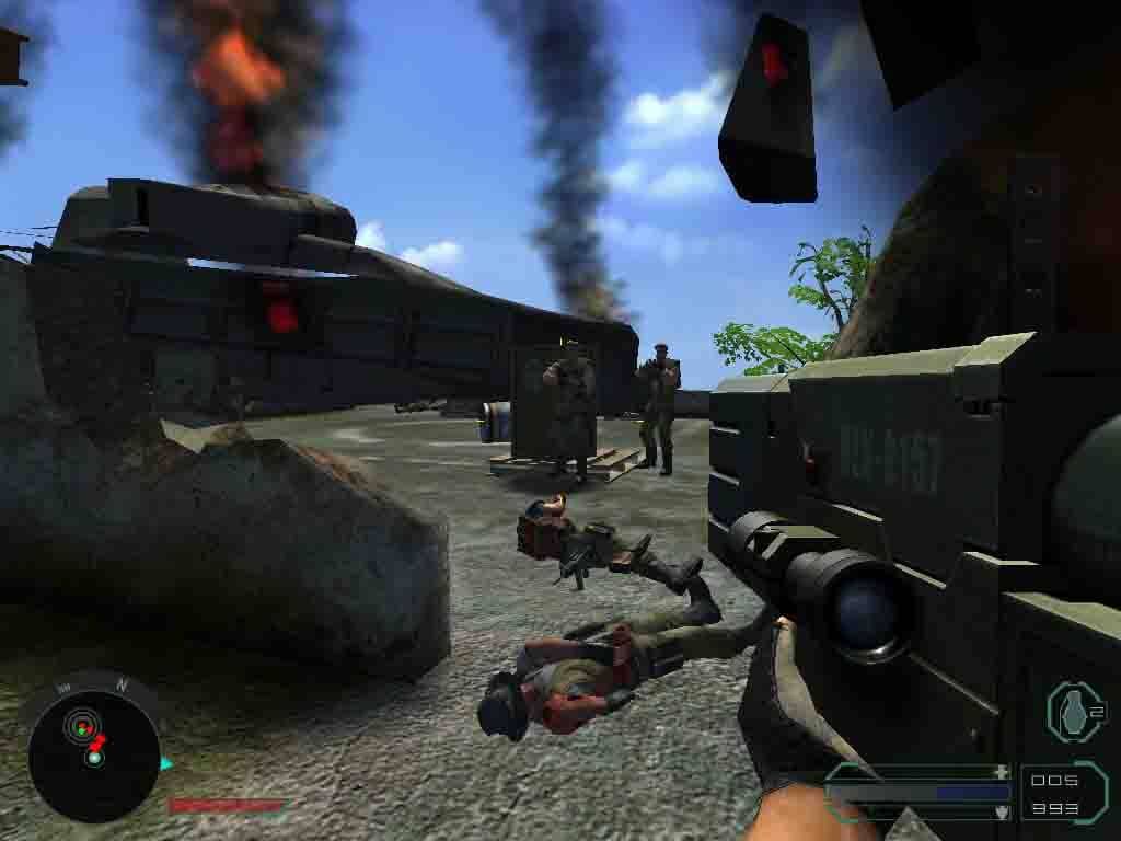 Cảnh hành động mãn nhãn và bùng nổ của Far Cry 1 Giao tranh dữ dội với binh lính và xe tăng đang bốc cháy trong Far Cry 1