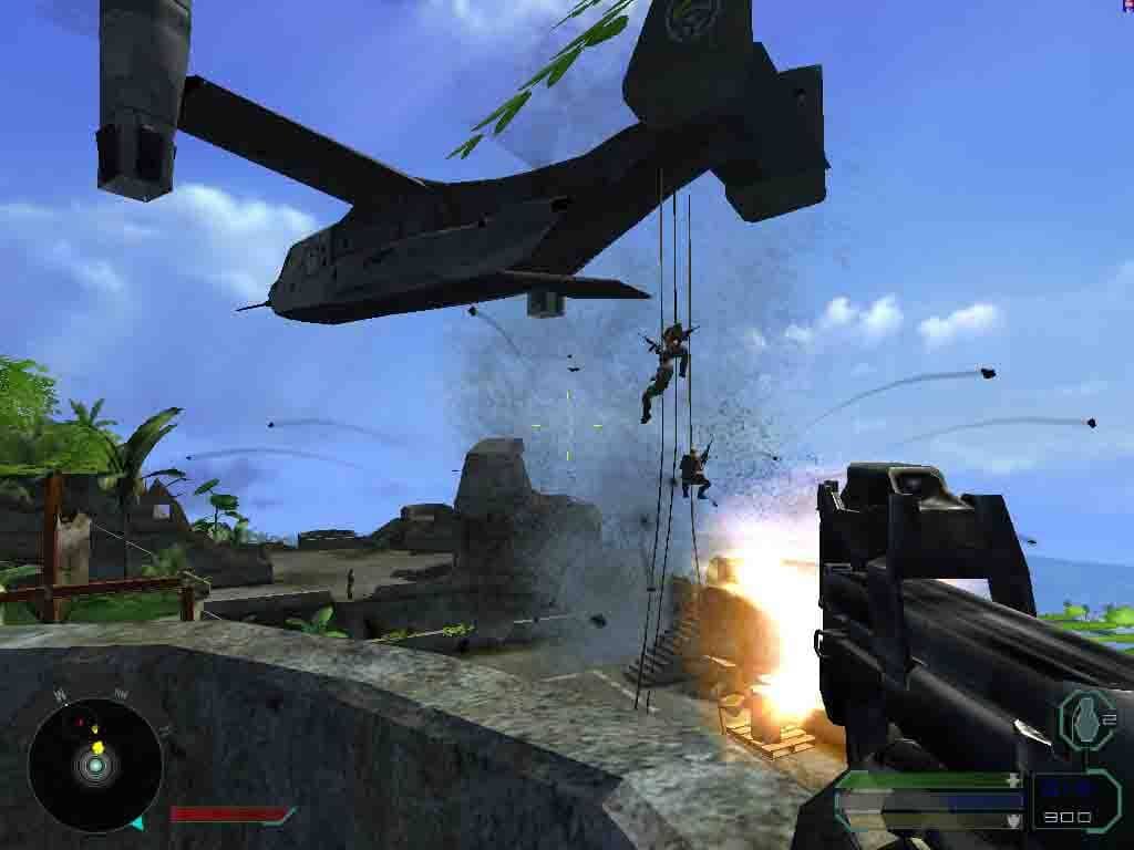 Cảnh trực thăng giải cứu đầy kịch tính trong Far Cry 1 Cận cảnh nhân vật Jack Carver trèo dây lên máy bay trực thăng Osprey giải cứu trong Far Cry 1