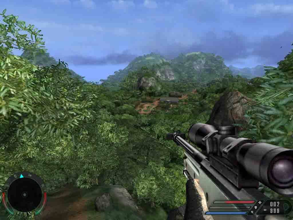 Màn bắn tỉa từ xa ở bản đồ đảo nhiệt đới của Far Cry 1 Góc nhìn thứ nhất của nhân vật Jack Carver sử dụng súng bắn tỉa nhìn xuống khu trại của kẻ thù trong Far Cry 1