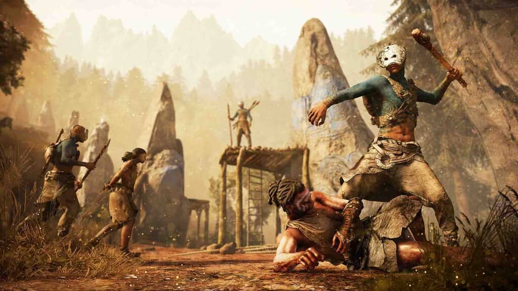 Hệ thống chiến đấu cận chiến chân thực và bạo lực trong Far Cry Primal Cận cảnh nhân vật chính Takkar đánh bại một kẻ thù với vũ khí thô sơ trong Far Cry Primal
