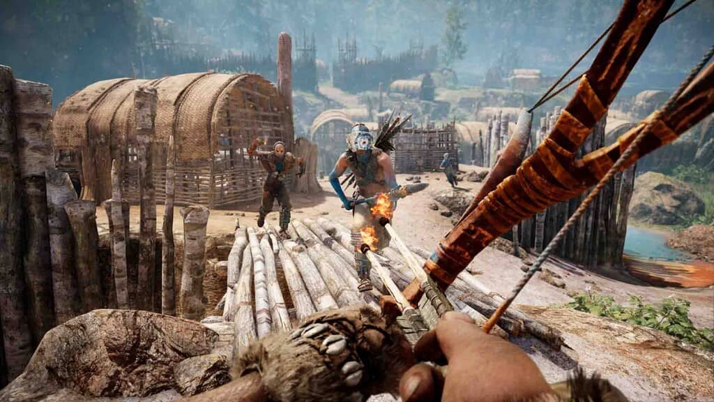 Cuộc chiến sinh tồn trong thời tiền sử ở Far Cry Primal Người chơi cầm cung tên chiến đấu với hai kẻ thù bộ lạc khác trên một cây cầu bằng gỗ trong Far Cry Primal