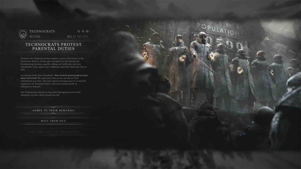 Frostpunk 2: Bạn sẽ nhượng bộ hay trấn áp những cuộc biểu tình để bảo vệ trật tự xã hội? Frostpunk 2, giao diện biểu tình của phe Technocrats đòi Parental Duties.