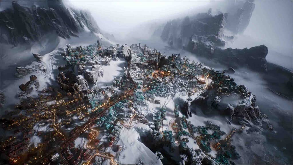 Frostpunk 2: Khám phá thành phố băng giá rộng lớn, nơi mỗi quyết định đều mang tính sống còn. Frostpunk 2, toàn cảnh thành phố băng giá vào ban ngày, bị bao quanh bởi núi tuyết.