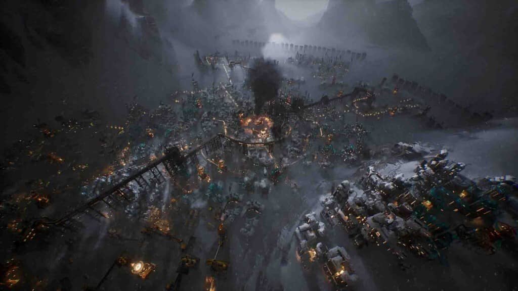 Frostpunk 2: Bạn sẽ dẫn dắt thành phố vượt qua đêm đông vĩnh cửu như thế nào? Frostpunk 2, toàn cảnh thành phố băng giá với hệ thống ống khói nghi ngút trong đêm.