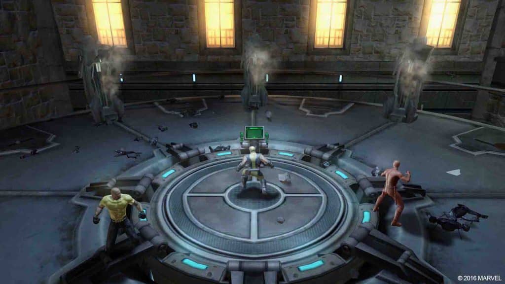 Lập đội anh hùng mạnh nhất và đối đầu với kẻ thù trong Marvel Ultimate Alliance 2. Marvel Ultimate Alliance 2 - Wolverine và các đồng đội trên sàn đấu hình tròn, chuẩn bị giao chiến.