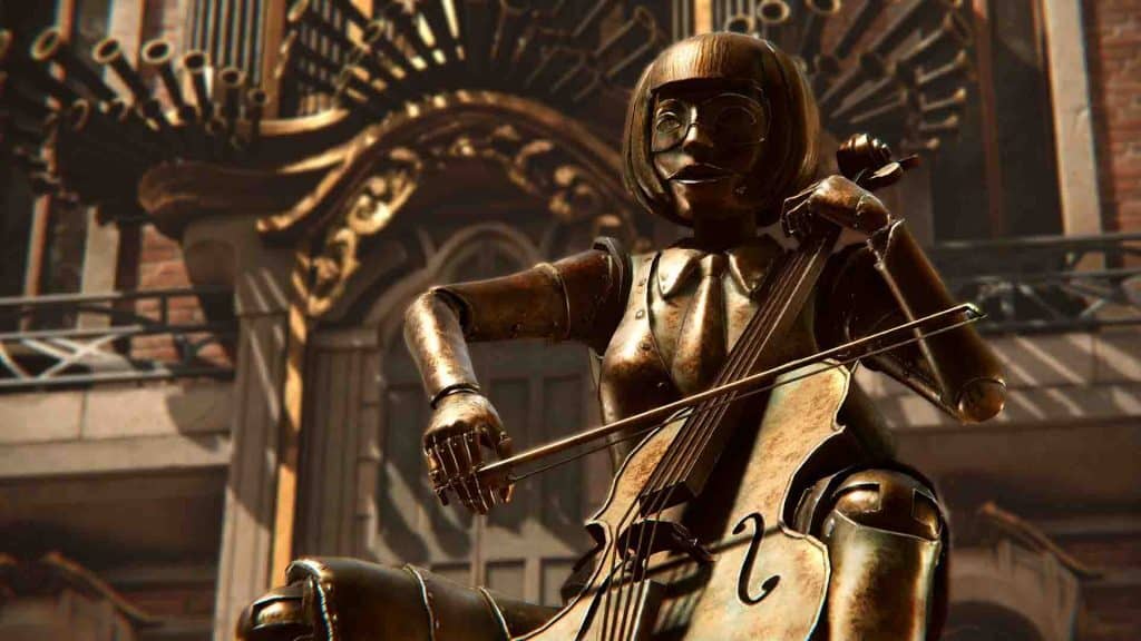 Khám phá nghệ thuật Steampunk trong Syberia: The World Before. Bức tượng người máy đang chơi đàn cello trong thế giới steampunk của Syberia: The World Before.