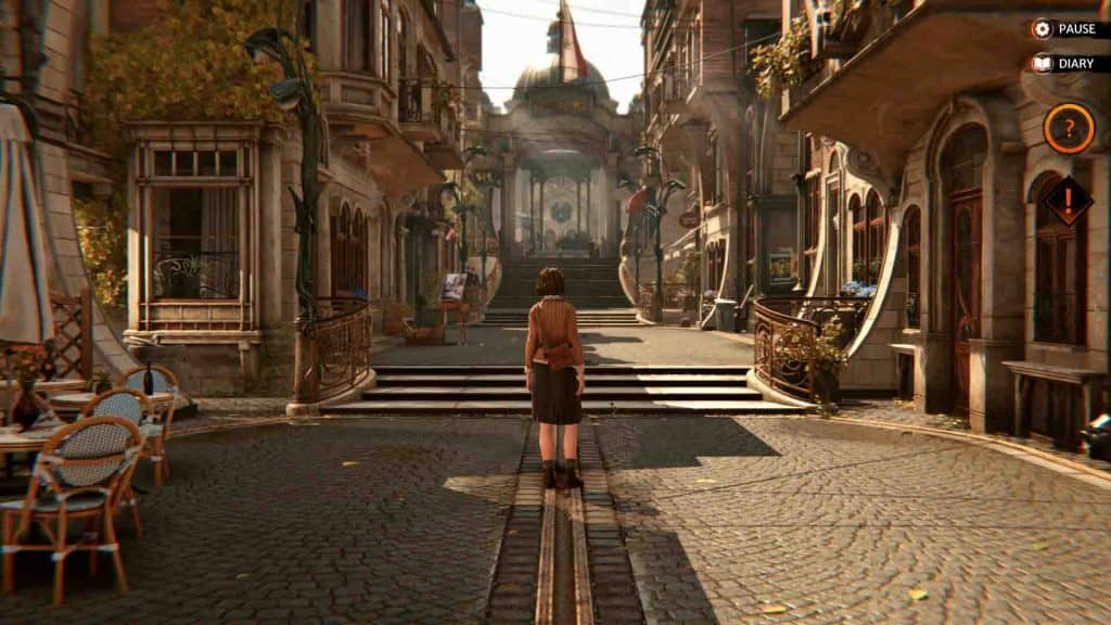Hành trình khám phá thành phố tuyệt đẹp của Syberia: The World Before. Nhân vật chính Kate Walker đứng trên con phố châu Âu cổ điển của game Syberia: The World Before.