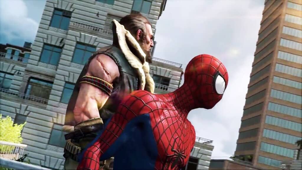 Cuộc đối đầu căng thẳng giữa Spider-Man và Kraven trong The Amazing Spider-Man 2. The Amazing Spider-Man 2 Bundle - Spider-Man đứng đối diện Kraven the Hunter trên nóc tòa nhà.