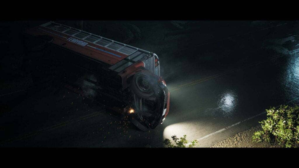 The Dark Pictures Anthology: Little Hope, một chiếc xe buýt lật ngửa giữa đường trong đêm mưa.