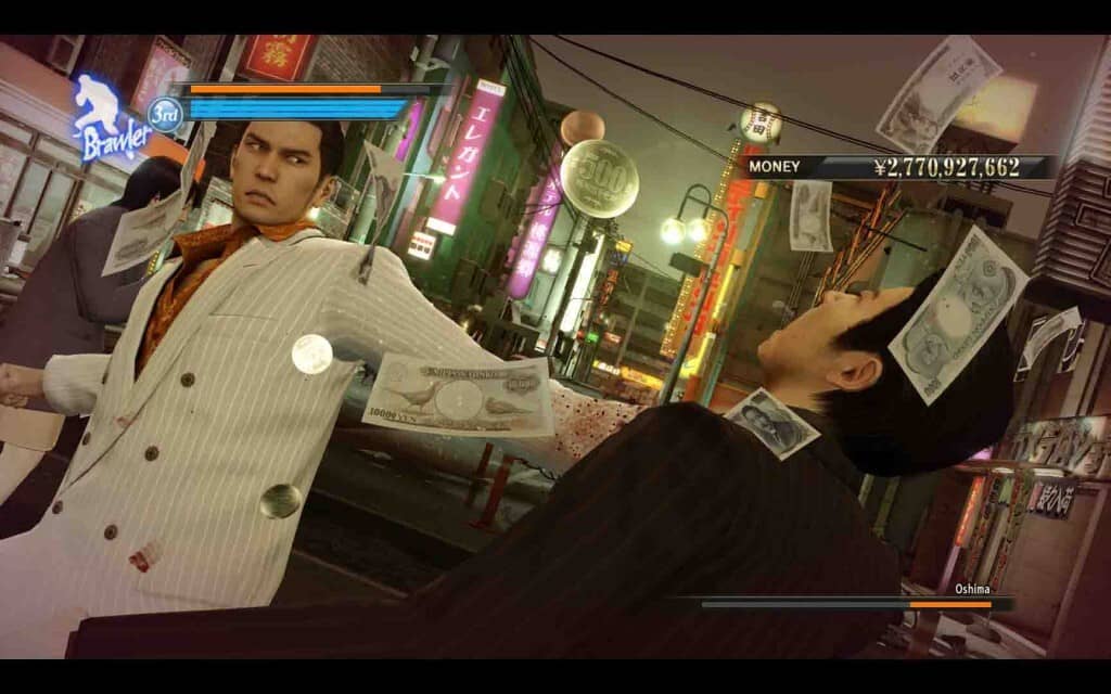 Yakuza 0 - Kazuma Kiryu trong bộ suit trắng đang chiến đấu, tiền bay khắp nơi ở khu phố đêm.