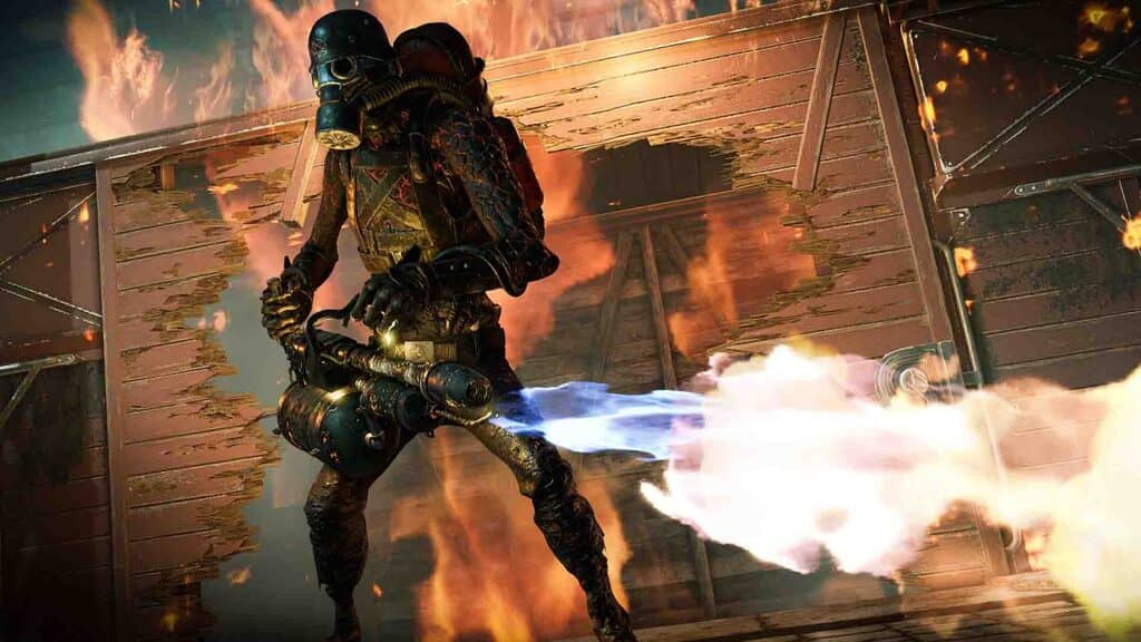 Một zombie đặc biệt với mặt nạ phòng độc và súng phun lửa đang bốc cháy ở Zombie Army 4 Dead War