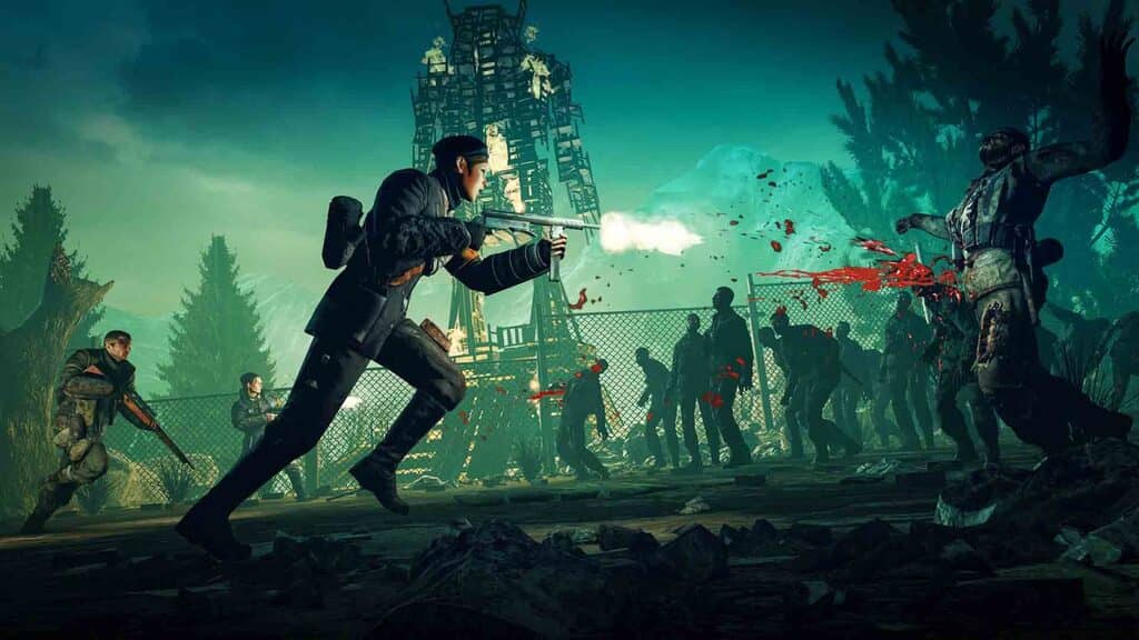  Một nhân vật chính chạy và bắn súng trường vào đám đông zombie trong trận chiến ở Zombie Army 4 Dead War