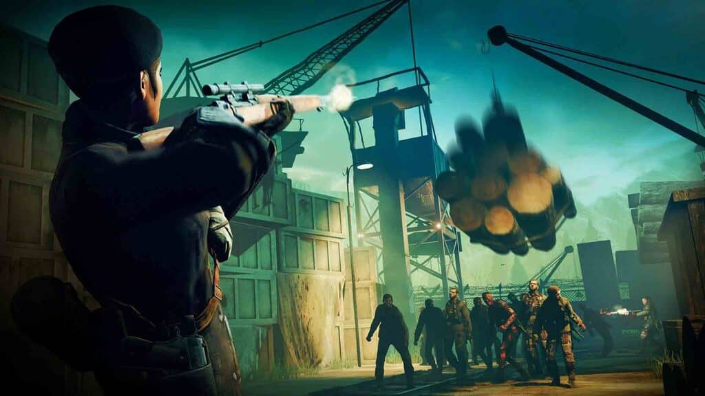 Nhân vật nữ bắn súng trường vào một đám đông zombie đang tiến đến ở Zombie Army 4 Dead War