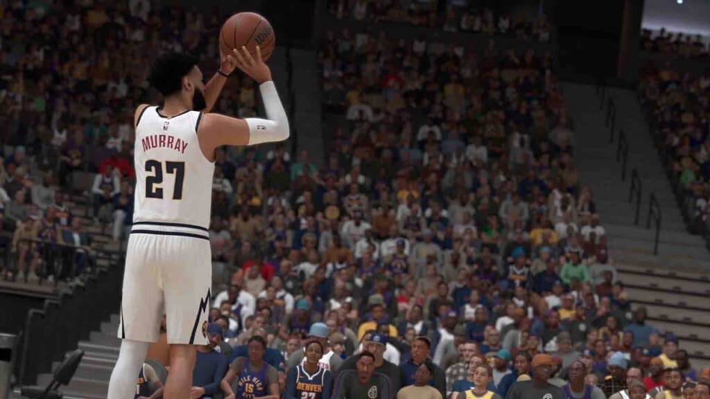 Trải nghiệm cảm giác trở thành ngôi sao bóng rổ trong NBA 2K25. NBA 2K25 - Cầu thủ Jamal Murray của Denver Nuggets đang thực hiện cú ném bóng rổ.