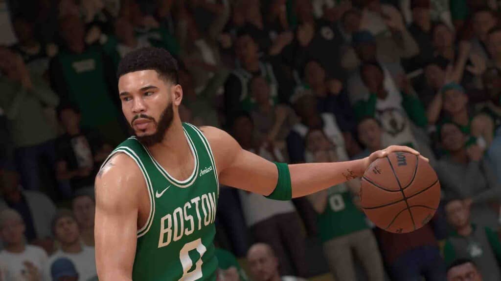 Cùng Jayson Tatum và đội Boston Celtics chinh phục đỉnh cao trong NBA 2K25. NBA 2K25 - Cầu thủ Jayson Tatum của Boston Celtics đang dẫn bóng trên sân đấu.