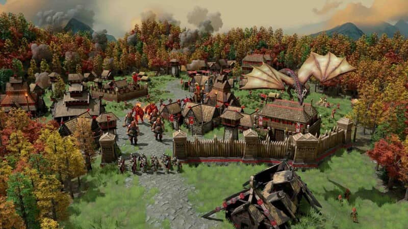 Quái vật và anh hùng trong Age of Mythology Retold: Rồng lửa và Người khổng lồ tấn công! Age of Mythology Retold quân Viking, rồng bay và người khổng lồ lửa trước cổng thành, bối cảnh thu