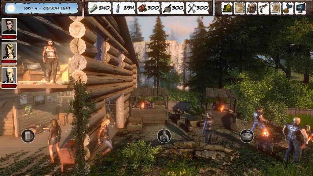Xây dựng căn cứ vững chắc trong thế giới zombie của Dead Age 2. Dead Age 2 gameplay, căn cứ sinh tồn với các công trình gỗ và nhân vật đang làm việc.