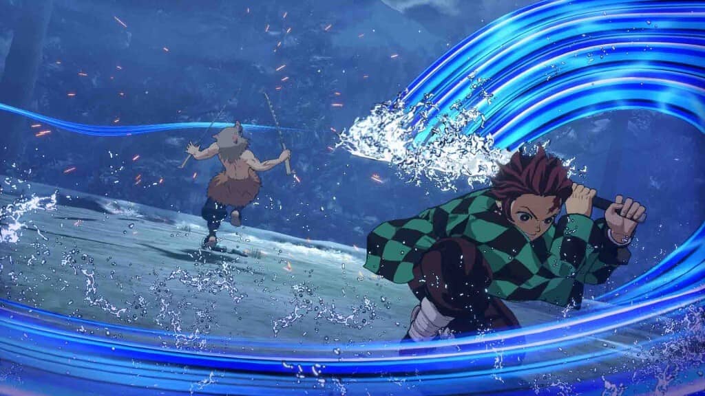Tanjiro sử dụng Hơi Thở của Nước, phối hợp với Inosuke trong Demon Slayer -Kimetsu no Yaiba- The Hinokami Chronicles.
