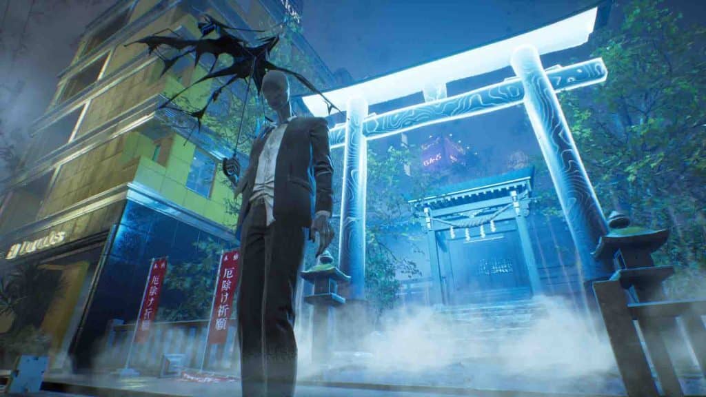 Ghostwire Tokyo gameplay, nhân vật Yokai với trang phục lịch sự và chiếc ô lạ đứng trước cổng Torii.