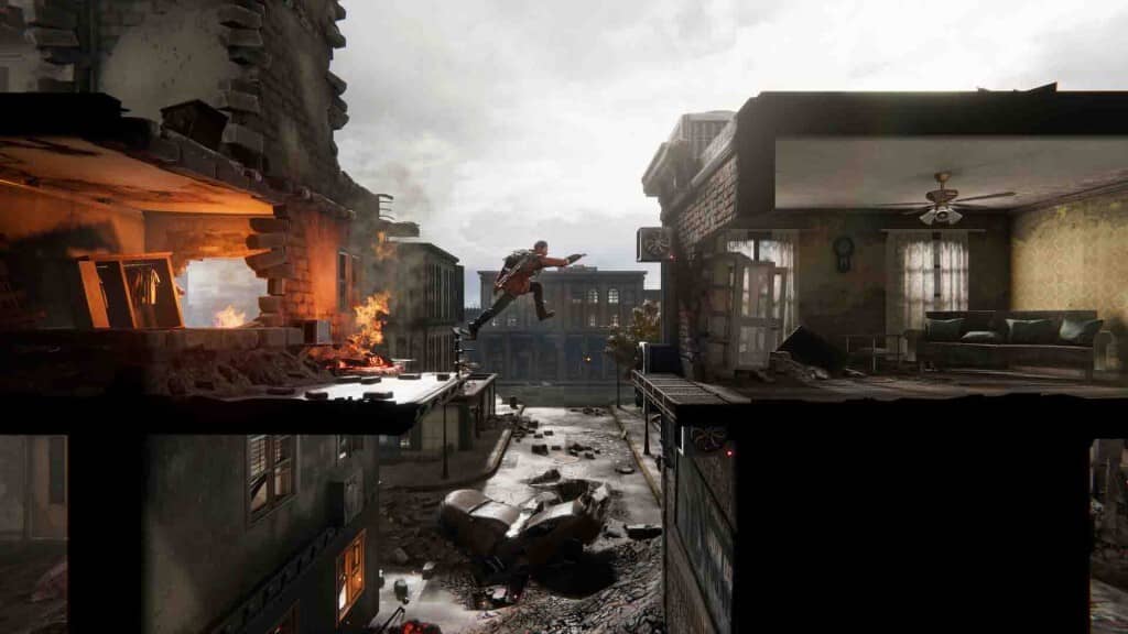 Gameplay Kong Survivor Instinct người chơi parkour qua nhà đổ nát