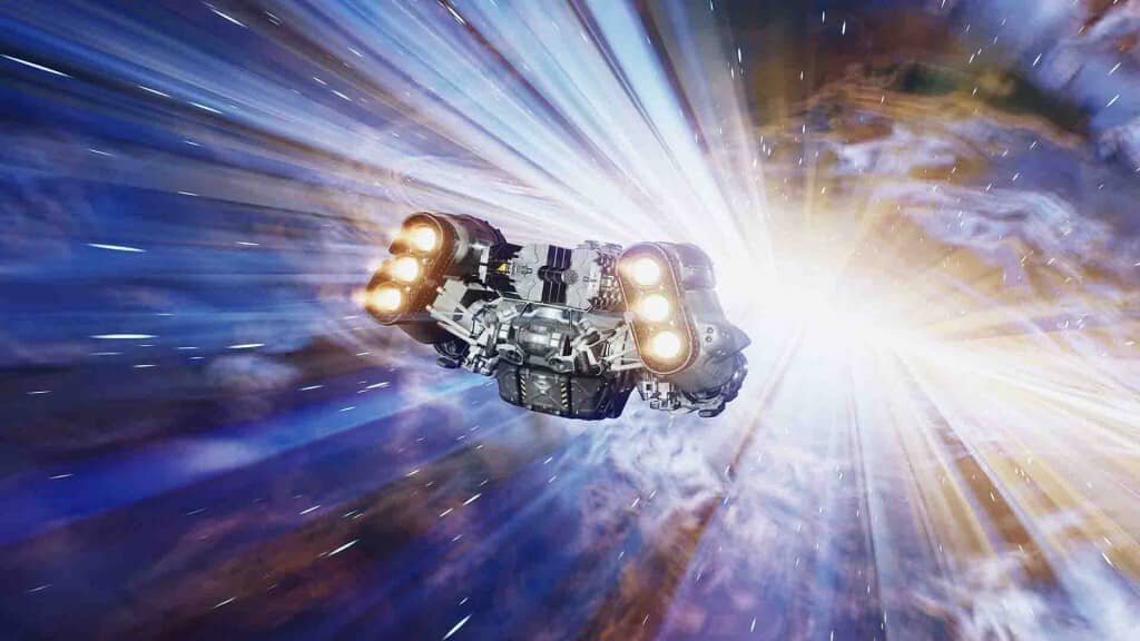 Tốc độ ánh sáng trong Starfield: Đón đầu những chuyến du hành thiên hà! Tàu vũ trụ bay với tốc độ siêu thanh xuyên không gian trong game Starfield.