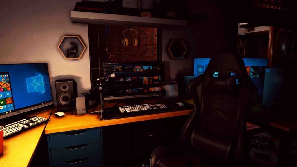 Màn hình máy tính gaming trong bối cảnh The Death Thần Trùng. The Death Thần Trùng - Góc làm việc gaming setup của nhân vật chính.