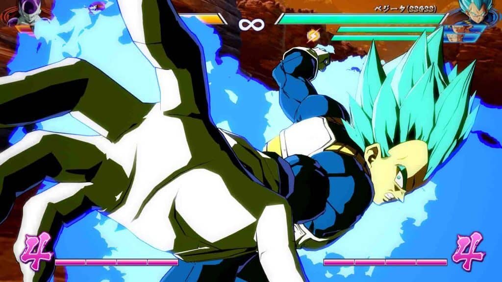 Vegeta Super Saiyan Blue đang thực hiện một đòn đá trên không trong Dragon Ball FighterZ