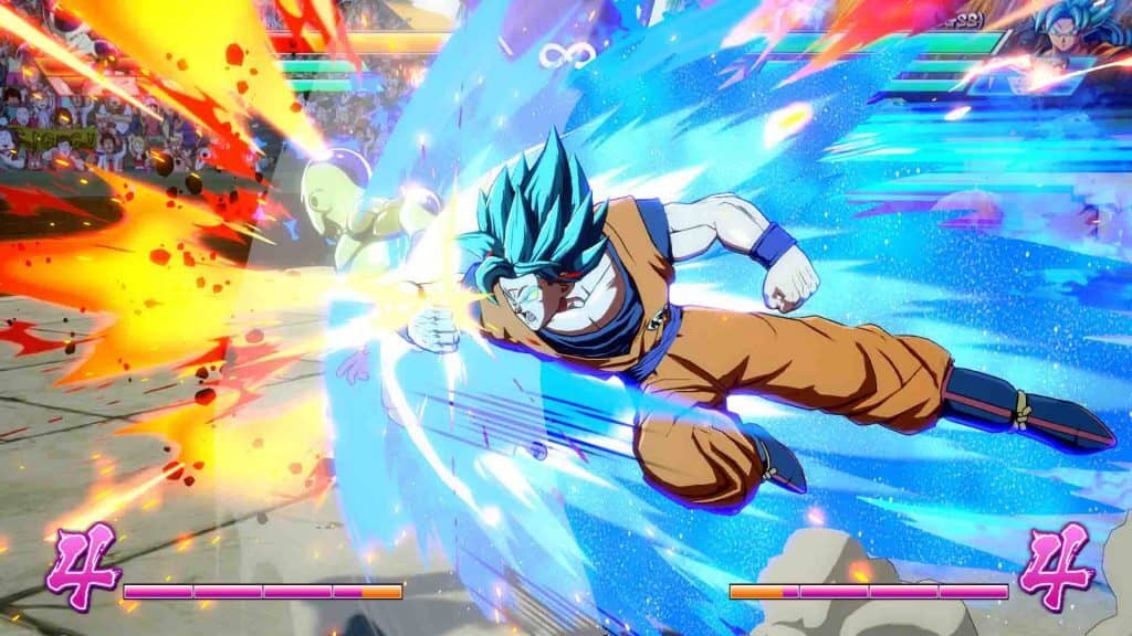 Goku Super Saiyan Blue đấm Frieza (Golden Frieza) bằng cú đấm Ki trong Dragon Ball FighterZ