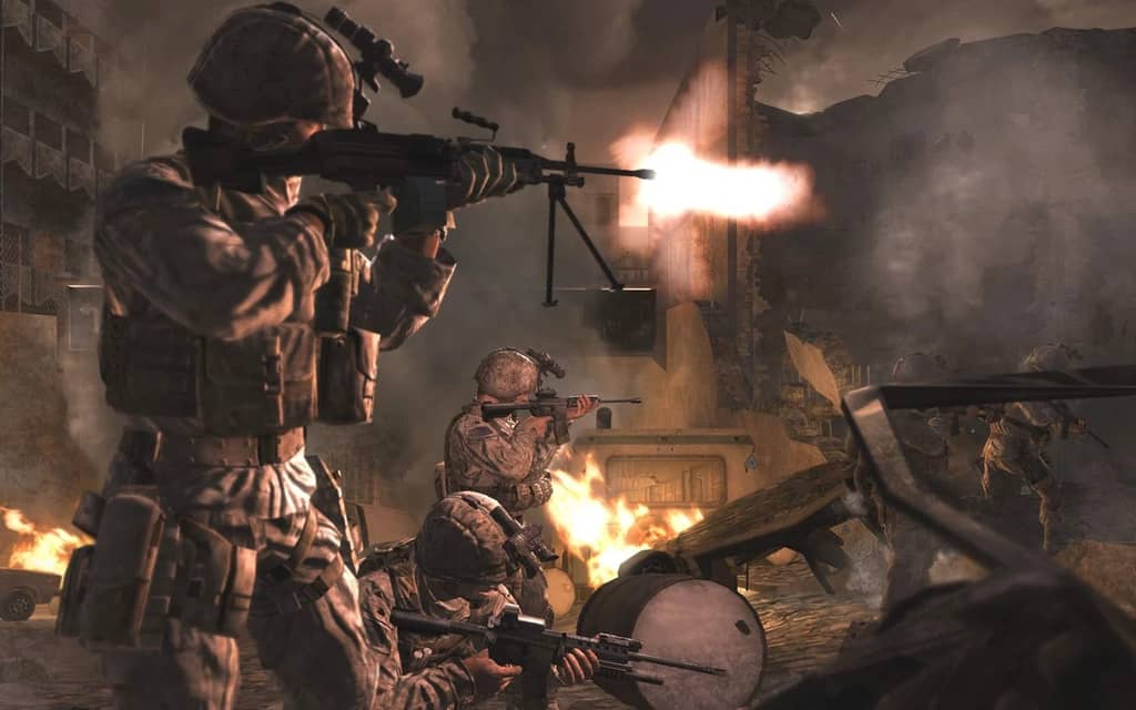 Trải nghiệm cảm giác căng thẳng trong các trận chiến khốc liệt của Call of Duty 4 Modern Warfare. Call of Duty 4 Modern Warfare - Các lính đặc nhiệm đang khai hoả dữ dội, ngọn lửa bùng cháy sau lưng.