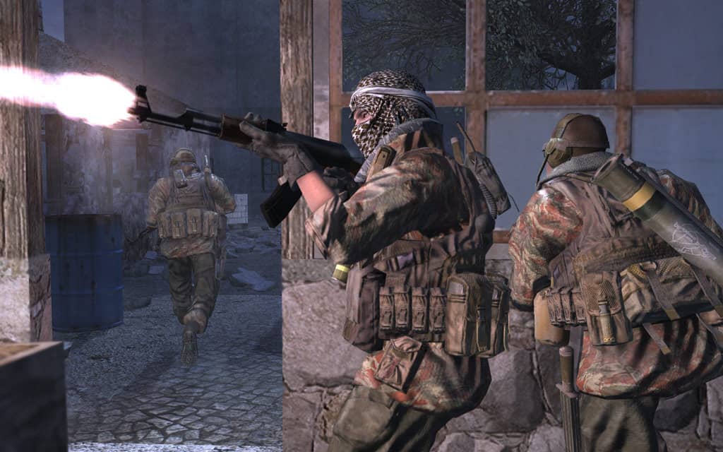 Tham gia vào các nhiệm vụ đầy thử thách trong Call of Duty 4 Modern Warfare. Call of Duty 4 Modern Warfare - Phe khủng bố tấn công trong một ngôi nhà bỏ hoang, một người cầm súng AK-47.