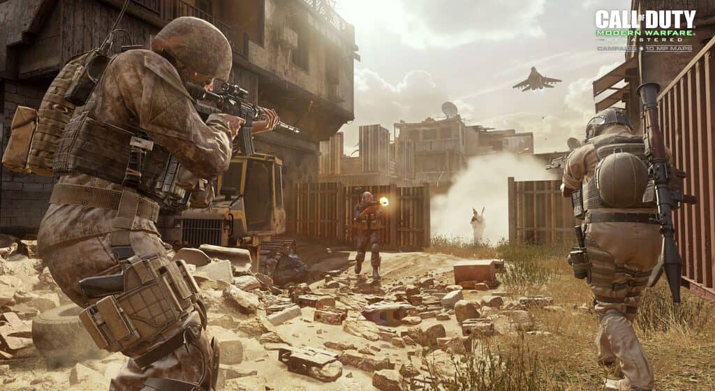 Khám phá cuộc chiến khốc liệt trên đường phố trong Call of Duty 4 Modern Warfare. Call of Duty 4 Modern Warfare - Lính đặc nhiệm Mỹ chiến đấu giữa những đống đổ nát, có máy bay chiến đấu trên không.
