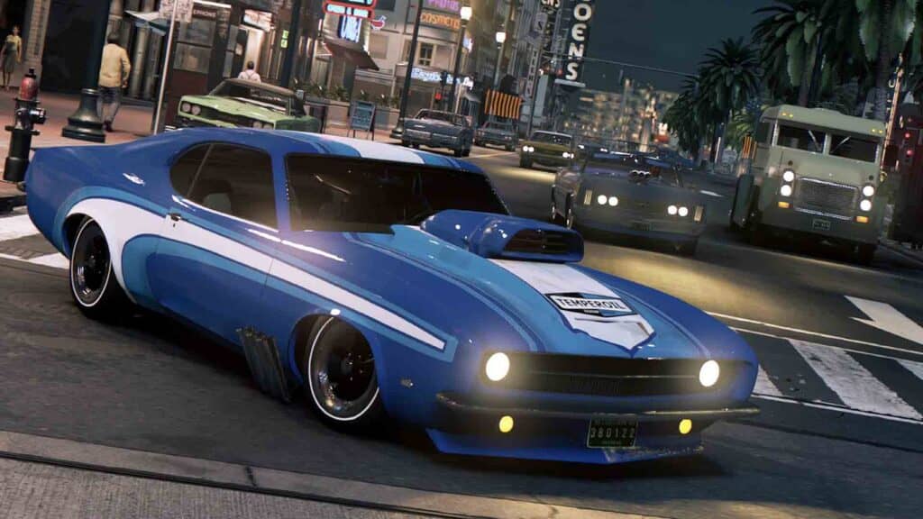 Tùy chỉnh xe hơi và khám phá thế giới đêm của Mafia III Xe cơ bắp màu xanh và trắng đã được tùy chỉnh đậu trên đường phố của New Bordeaux vào ban đêm trong Mafia III Definitive Edition