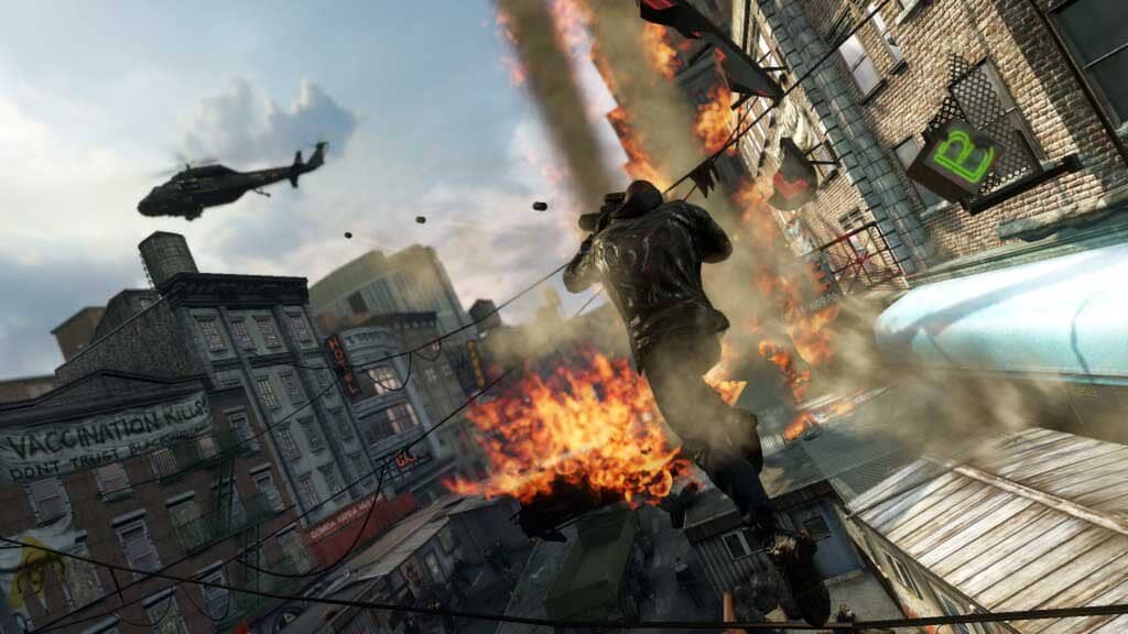Prototype 2 Heller nhảy qua vụ nổ giữa phố, trực thăng Blackwatch, nhà cháy