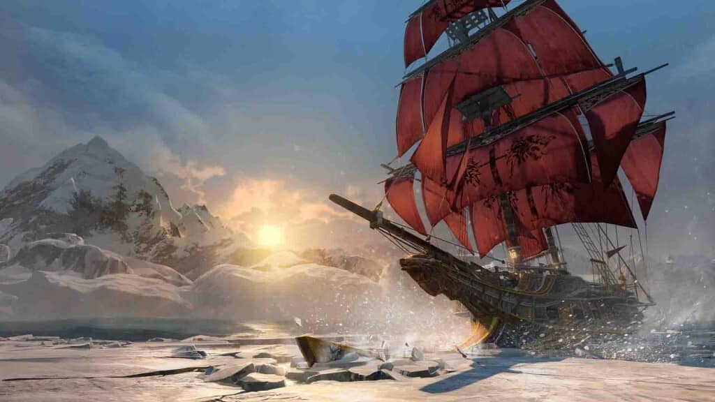 Trải nghiệm cảm giác lênh đênh trên biển băng giá trong Assassin's Creed Rogue. Assassin's Creed Rogue - Tàu Morrigan của Shay đang trôi trên băng ở Bắc Đại Tây Dương.
