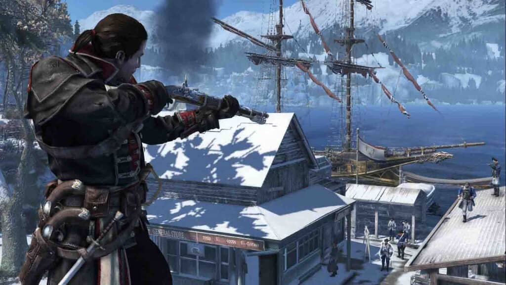 Khám phá kỹ năng chiến đấu và bắn súng của Shay trong Assassin's Creed Rogue. Assassin's Creed Rogue - Shay đang ngắm bắn từ cầu tàu, phía sau là con tàu lớn.