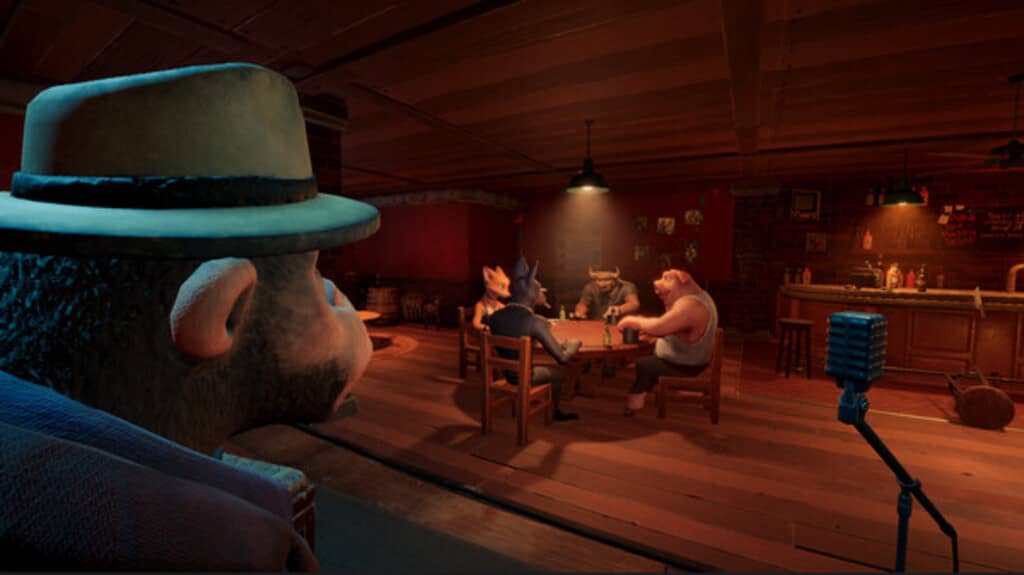 Liars Bar - Khung cảnh quán bar với nhân vật động vật chơi bài Quán bar trong game Liars Bar với nhóm nhân vật động vật tụ tập chơi bài
