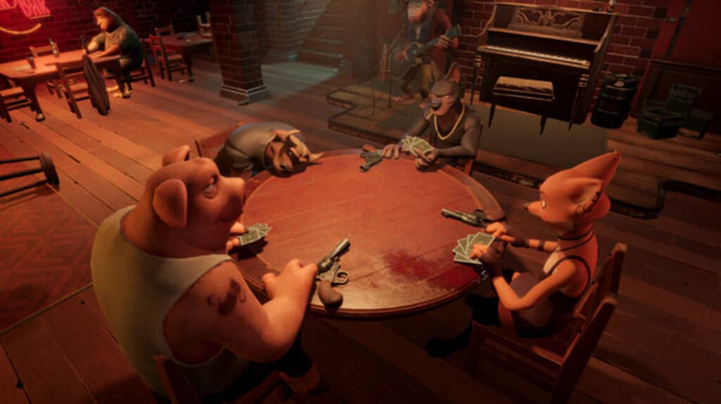 Liars Bar - Nhân vật động vật chơi bài kèm súng trong quán bar Nhân vật động vật cầm bài và súng trong khung cảnh quán bar game Liars Bar