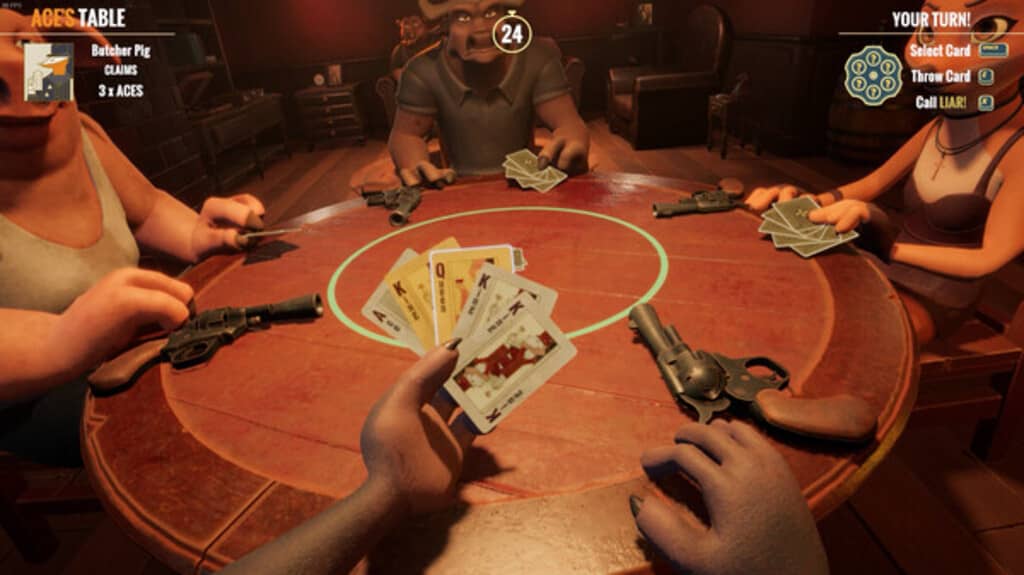Liars Bar - Góc nhìn cầm bài và súng từ bàn chơi Góc nhìn người chơi cầm bài và súng trong gameplay Liars Bar