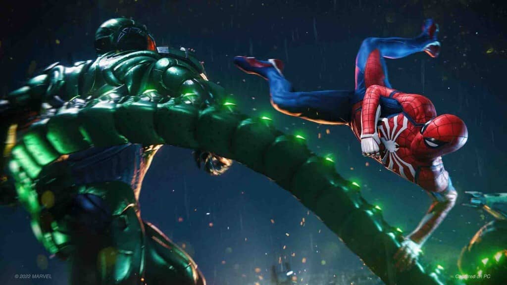 Spider-Man đang thực hiện một pha chiến đấu trên không với kẻ thù trong môi trường đô thị. Hành động và chiến đấu mãn nhãn trong Marvel's Spider-Man Remastered.