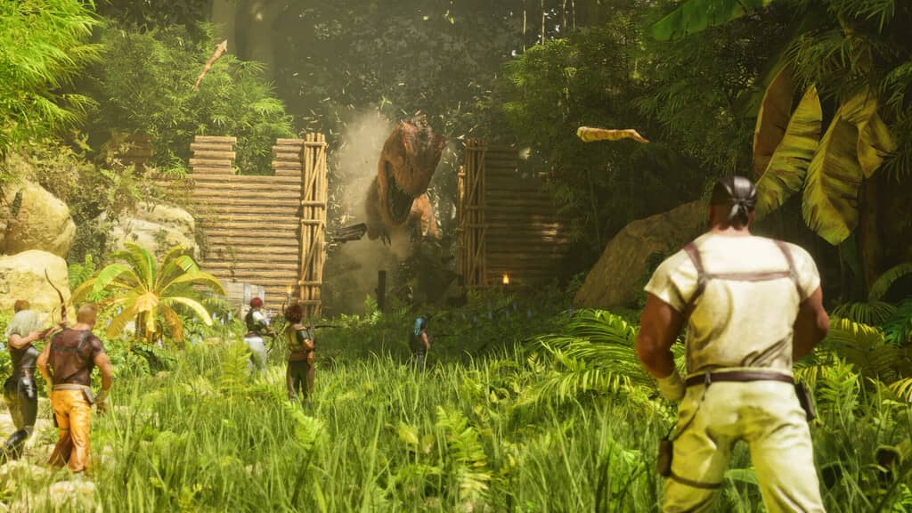 ARK Survival Ascended — Trận chiến với T-Rex ARK Survival Ascended - người chơi đối mặt T-Rex trước rừng rậm
