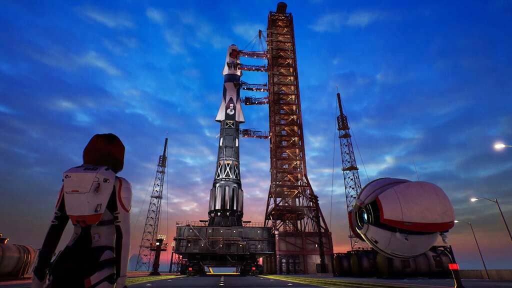 cảnh bệ phóng tàu vũ trụ và robot AYE game Deliver Us Mars