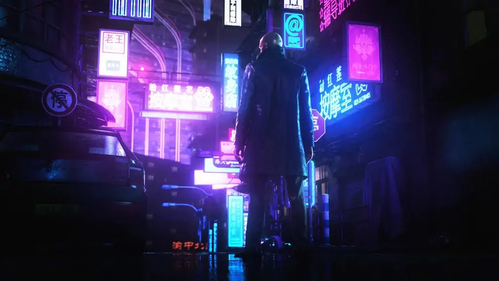Đồ họa đỉnh cao của bản đồ Chongqing Hitman 3 Agent 47 đứng dưới phố đèn neon Trùng Khánh trong Hitman 3