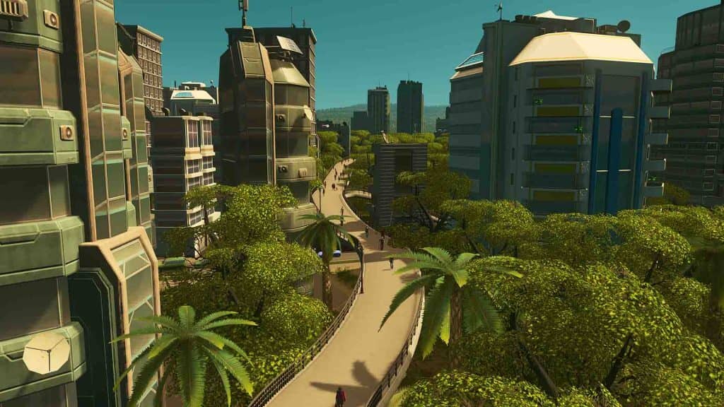 Cities: Skylines, khu đô thị hiện đại với nhiều cây xanh và lối đi bộ.